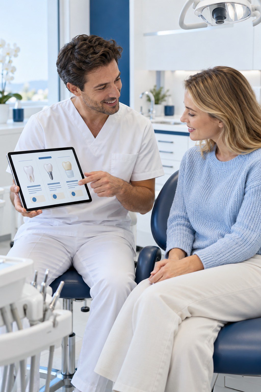 El dentista le explica el procedimiento a una paciente.