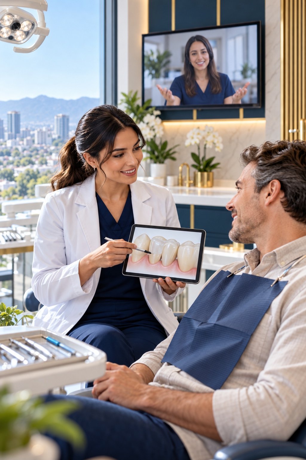 Una dentista está explicando un tratamiento a un paciente extranjero.