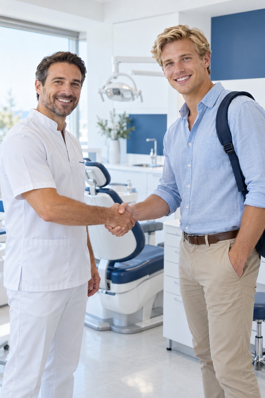 El dentista recibe a paciente extranjero en su consultorio
