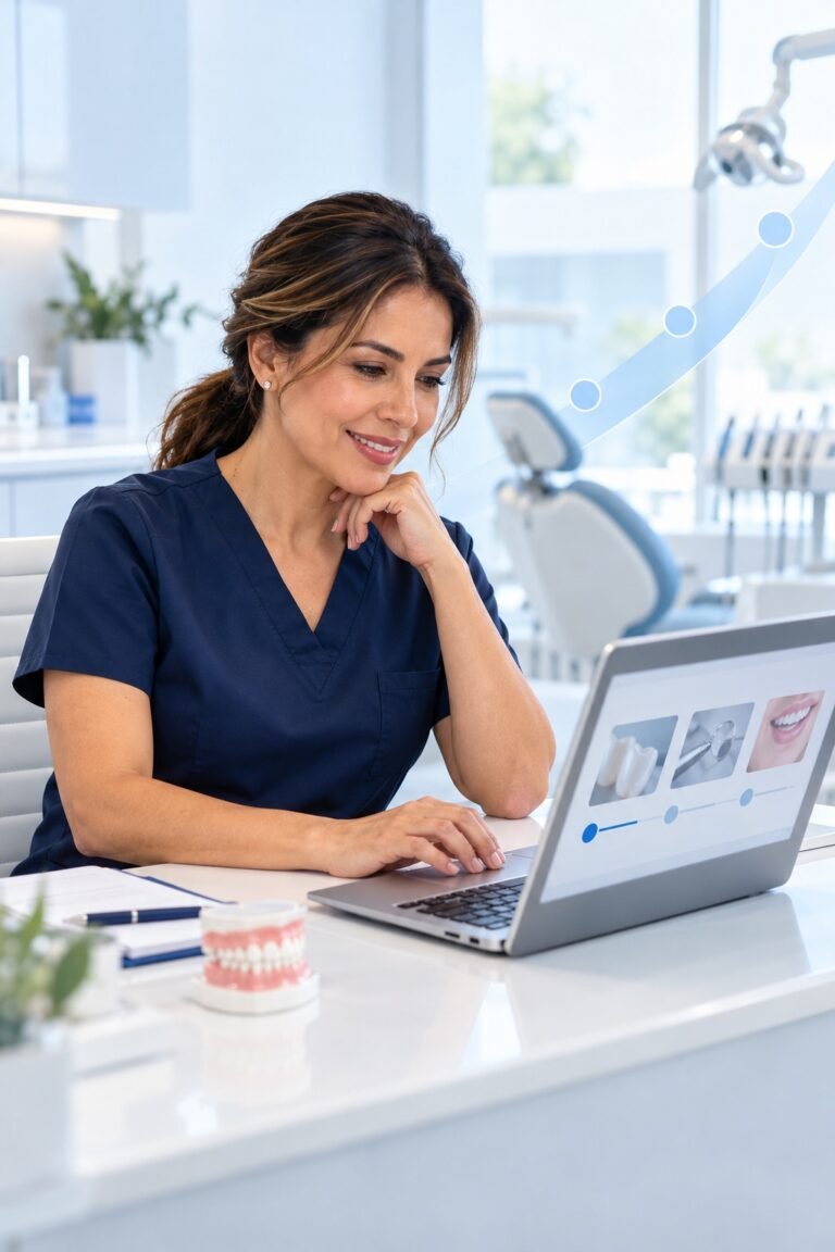 Dentista revisando su lección desde su consultorio