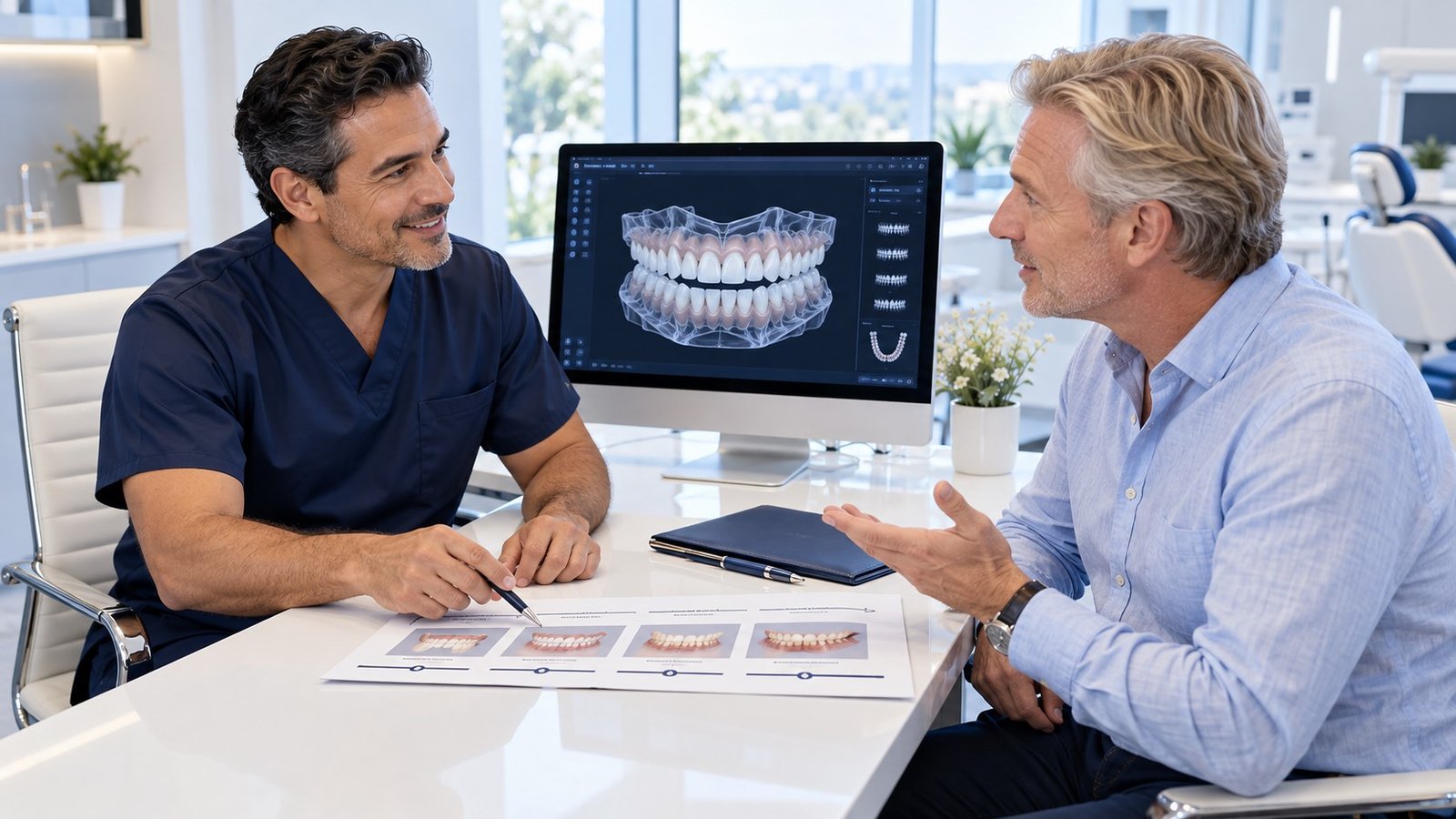 Odontólogo en consulta dental premium y plan personalizado