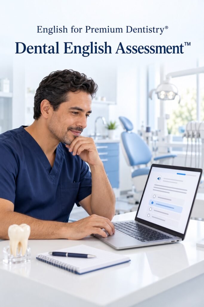 El odontólogo está presentando su examen Dental English Assesment para conocer su nivel de inglés.
